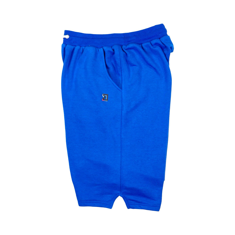 Blue shorts with a small logo on a white background