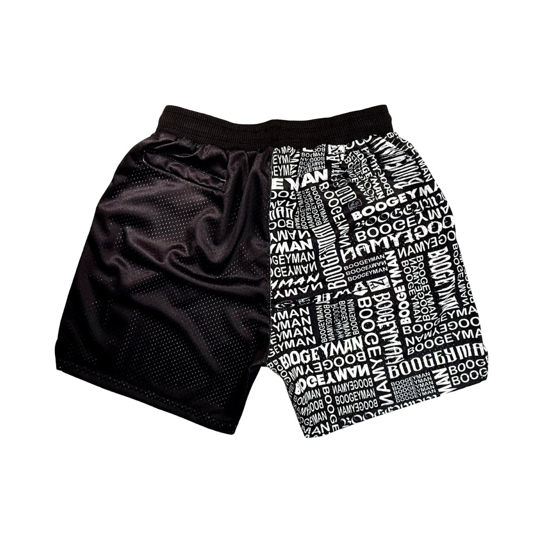 Black dry fit mesh shorts with white boogeyman text pattern