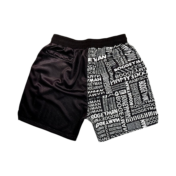 Black dry fit mesh shorts with white boogeyman text pattern