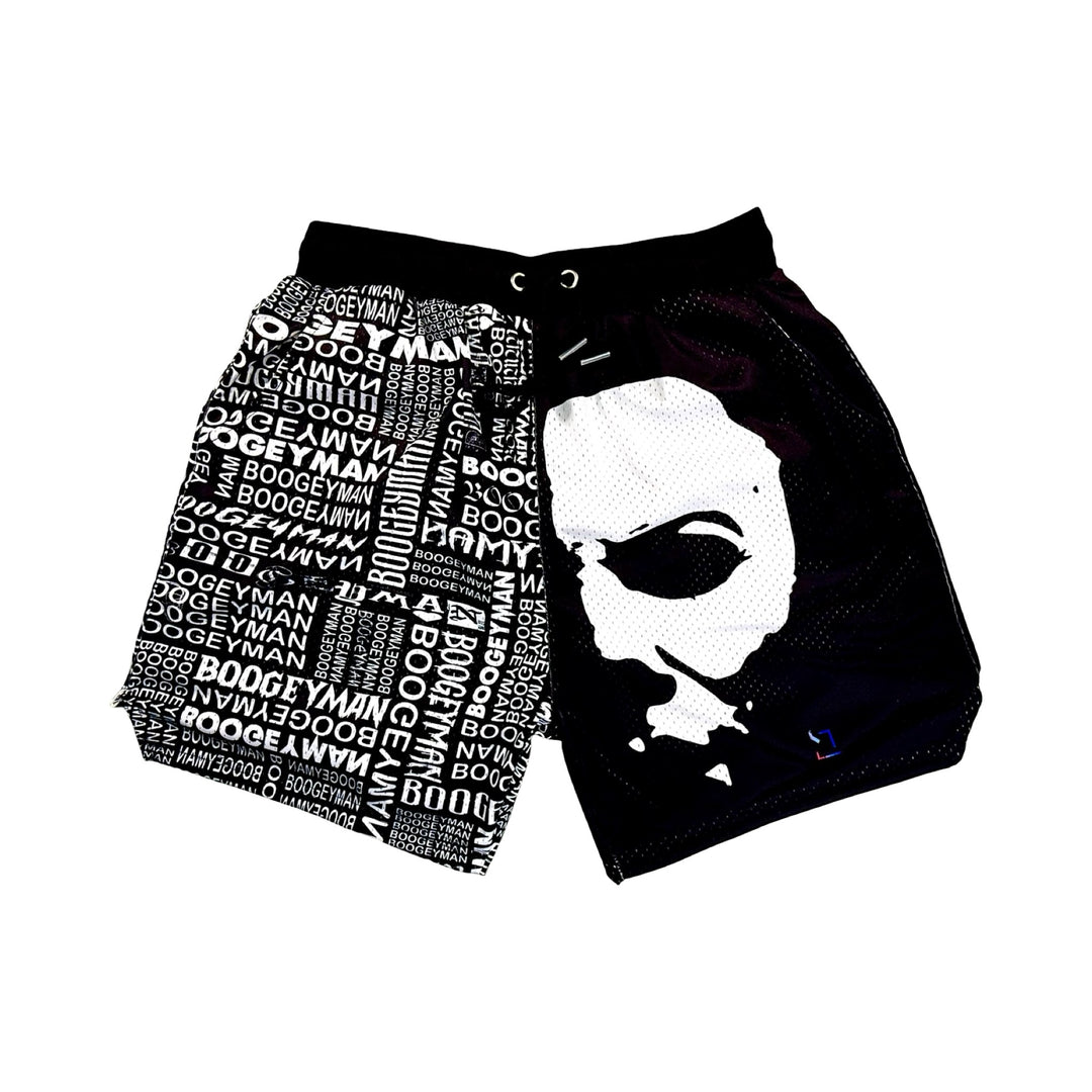 Pair of black and white shorts with 'Boogeyman' text and face design on a white background