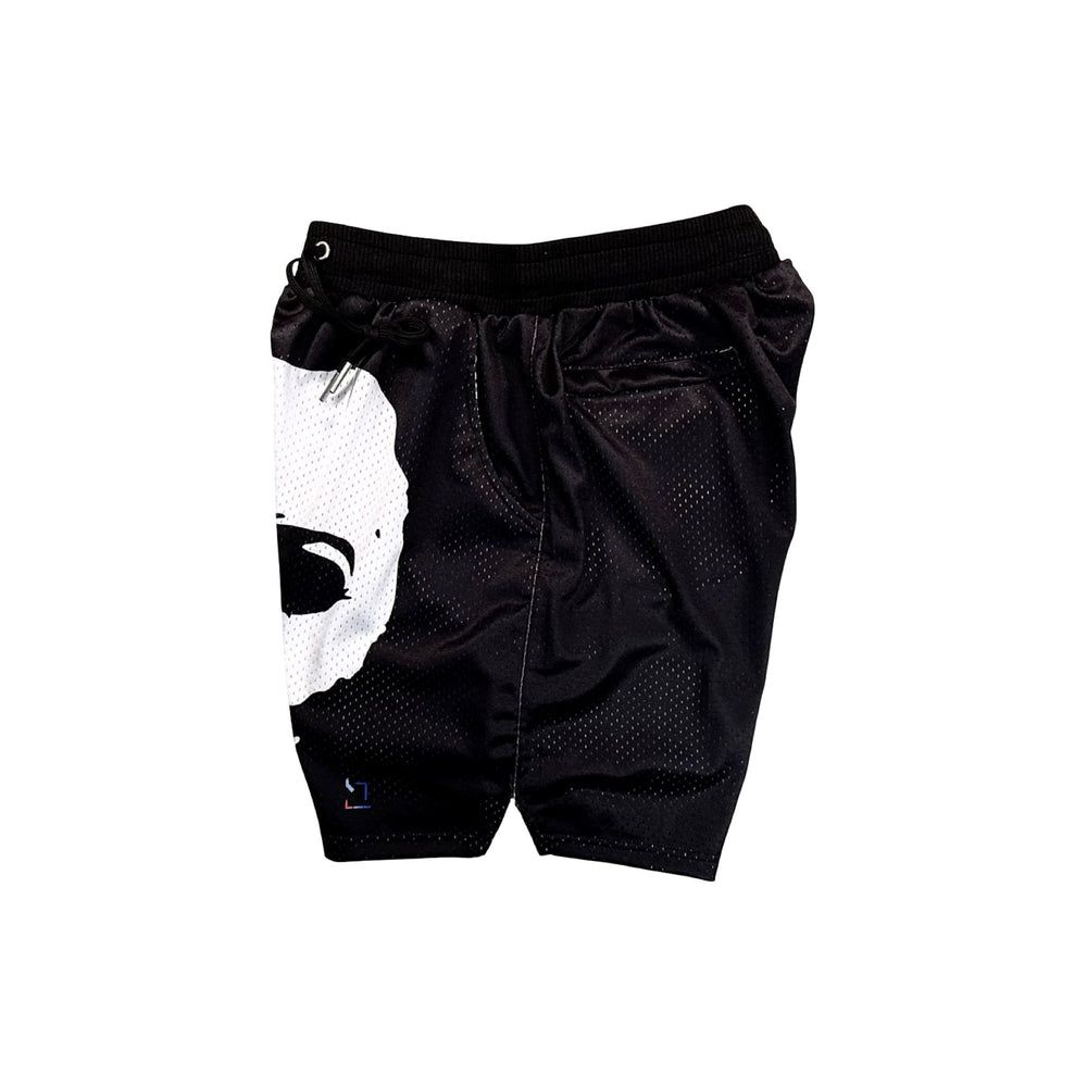 black mesh dry fit shorts with boogey man face graphic
