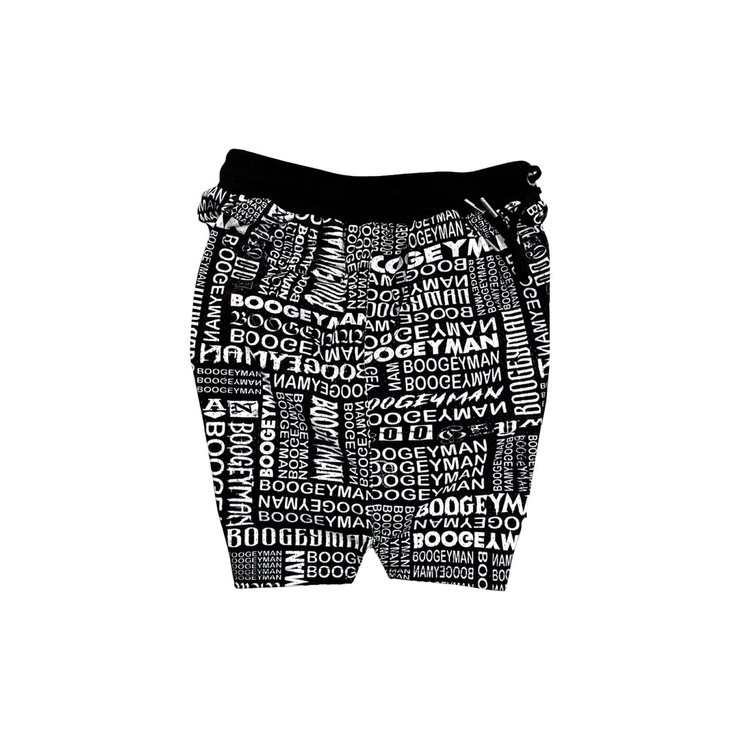 black mesh dry fit shorts with white boogeyman text