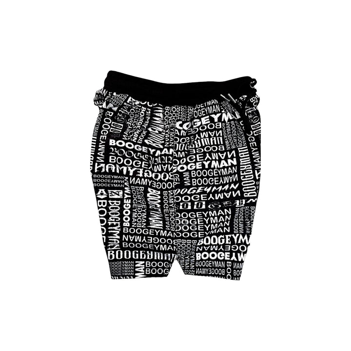 black mesh dry fit shorts with white boogeyman text