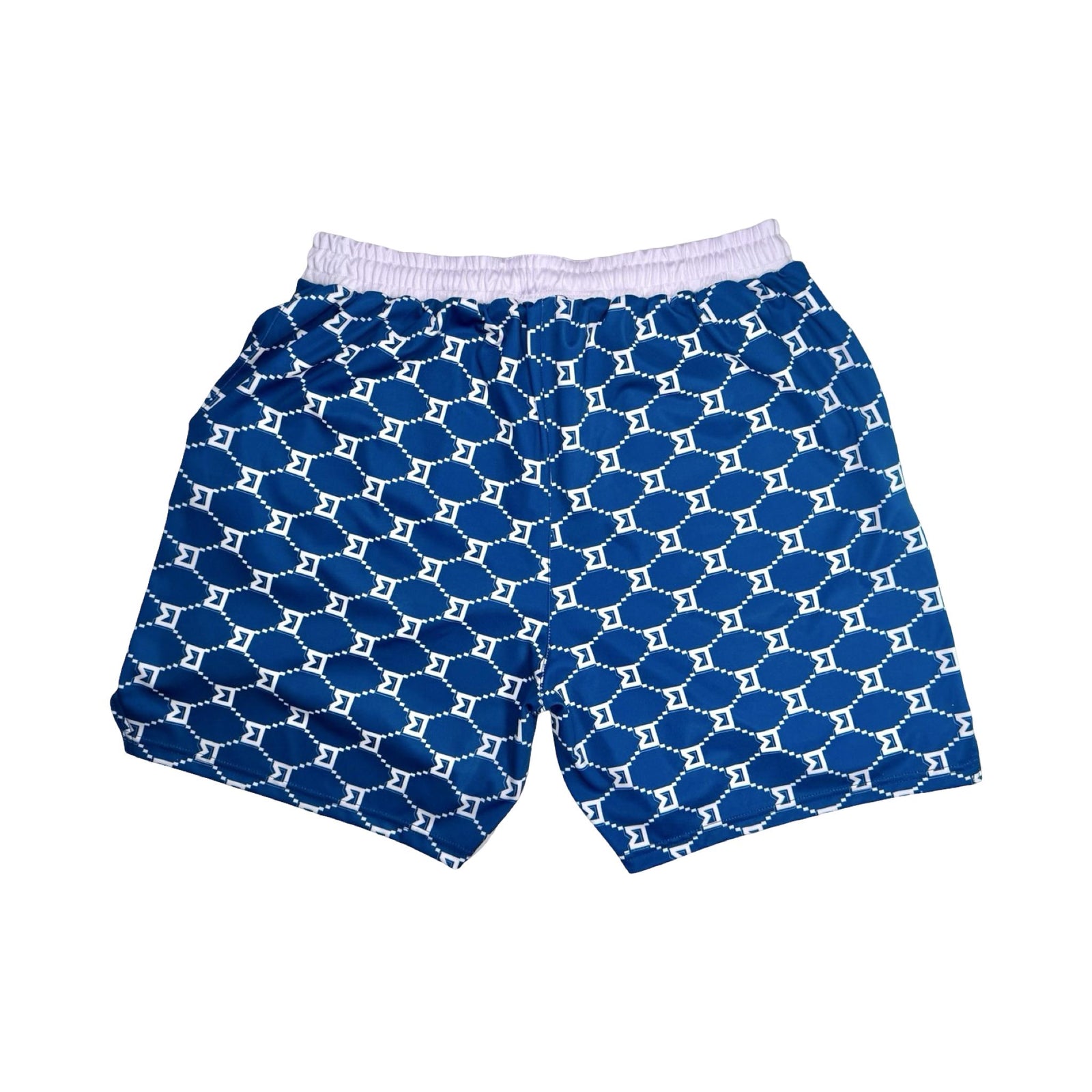 Blue patterned shorts with white trim on a white background