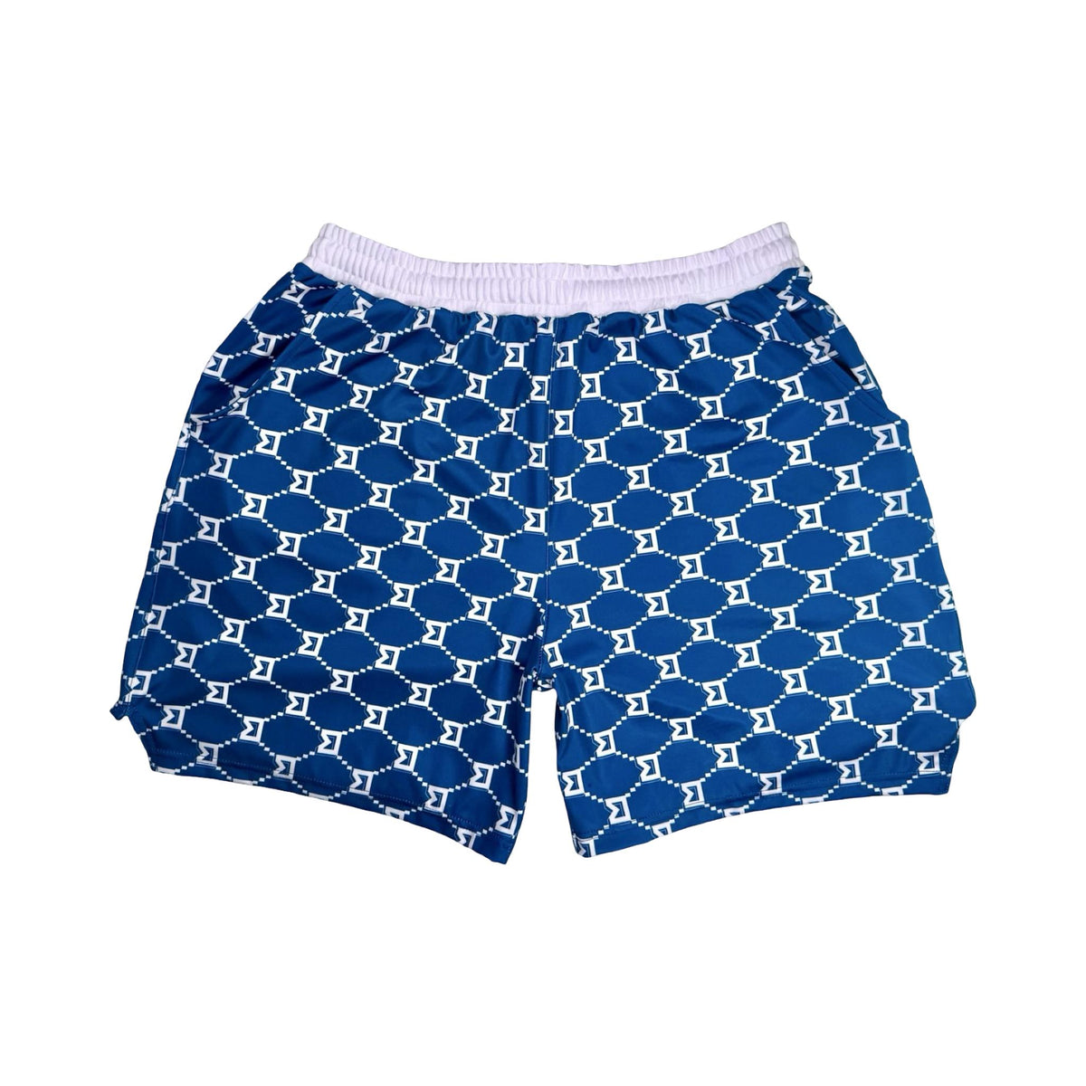 Blue patterned shorts with white trim on a white background