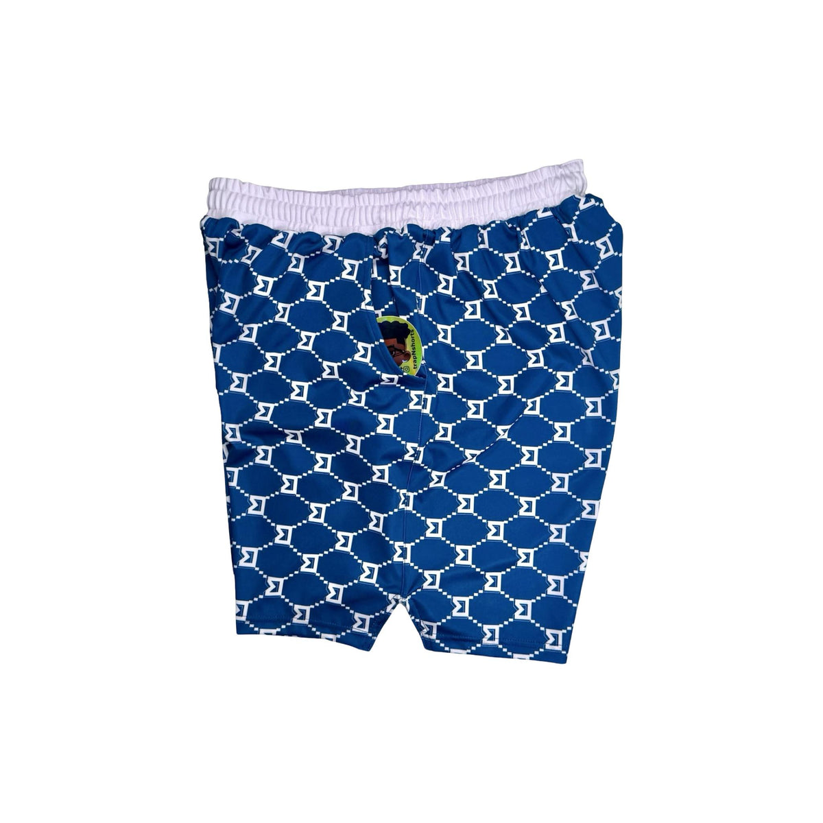 Side view of Blue patterned shorts with white trim on a white background