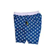 Side view of Blue patterned shorts with white trim on a white background