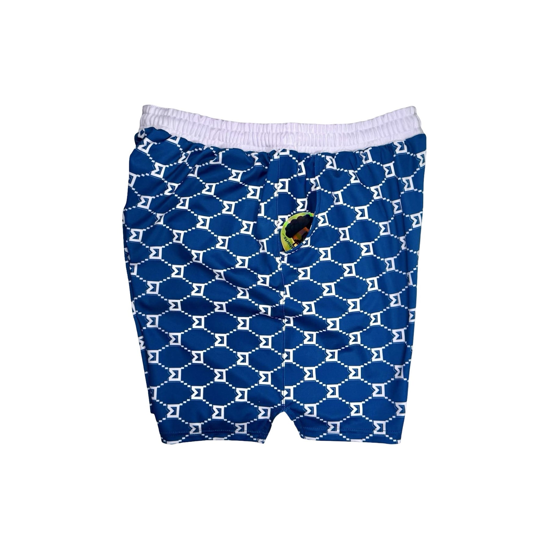 Side view of Blue patterned shorts with white trim on a white background