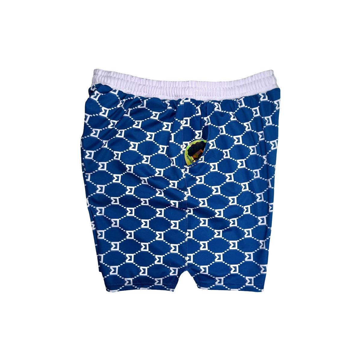 Side view of Blue patterned shorts with white trim on a white background
