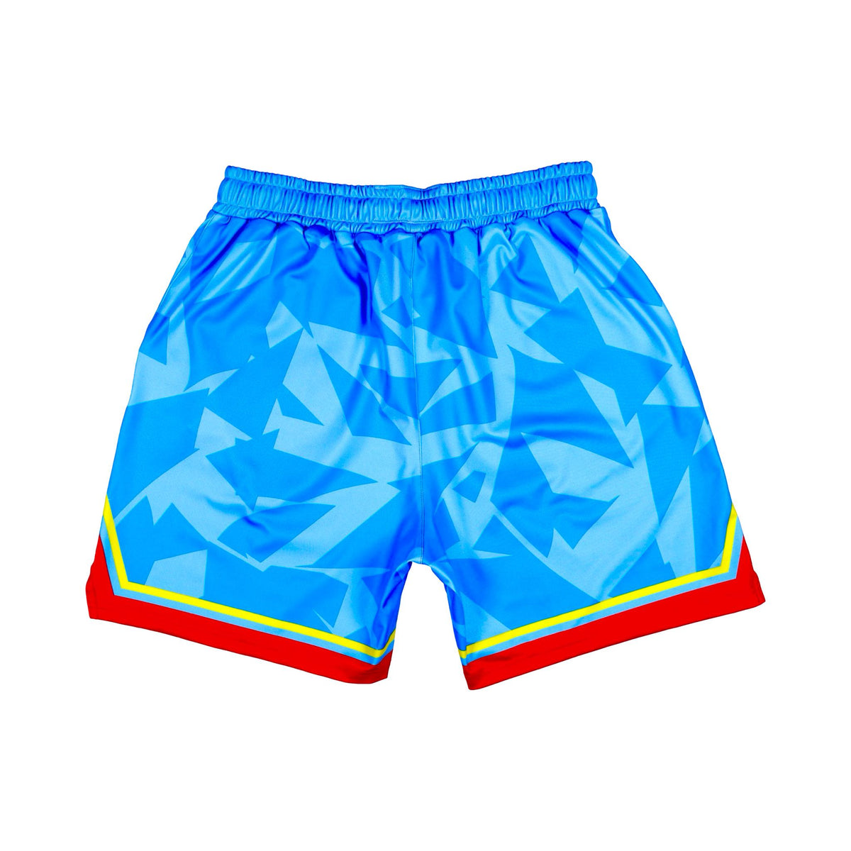 TRAPN Charge Sky basketball shorts in soft quick dry fabric, sky blue with red and yellow accents for sneaker matching