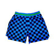Blue and black dry fit shorts with checkerboard design