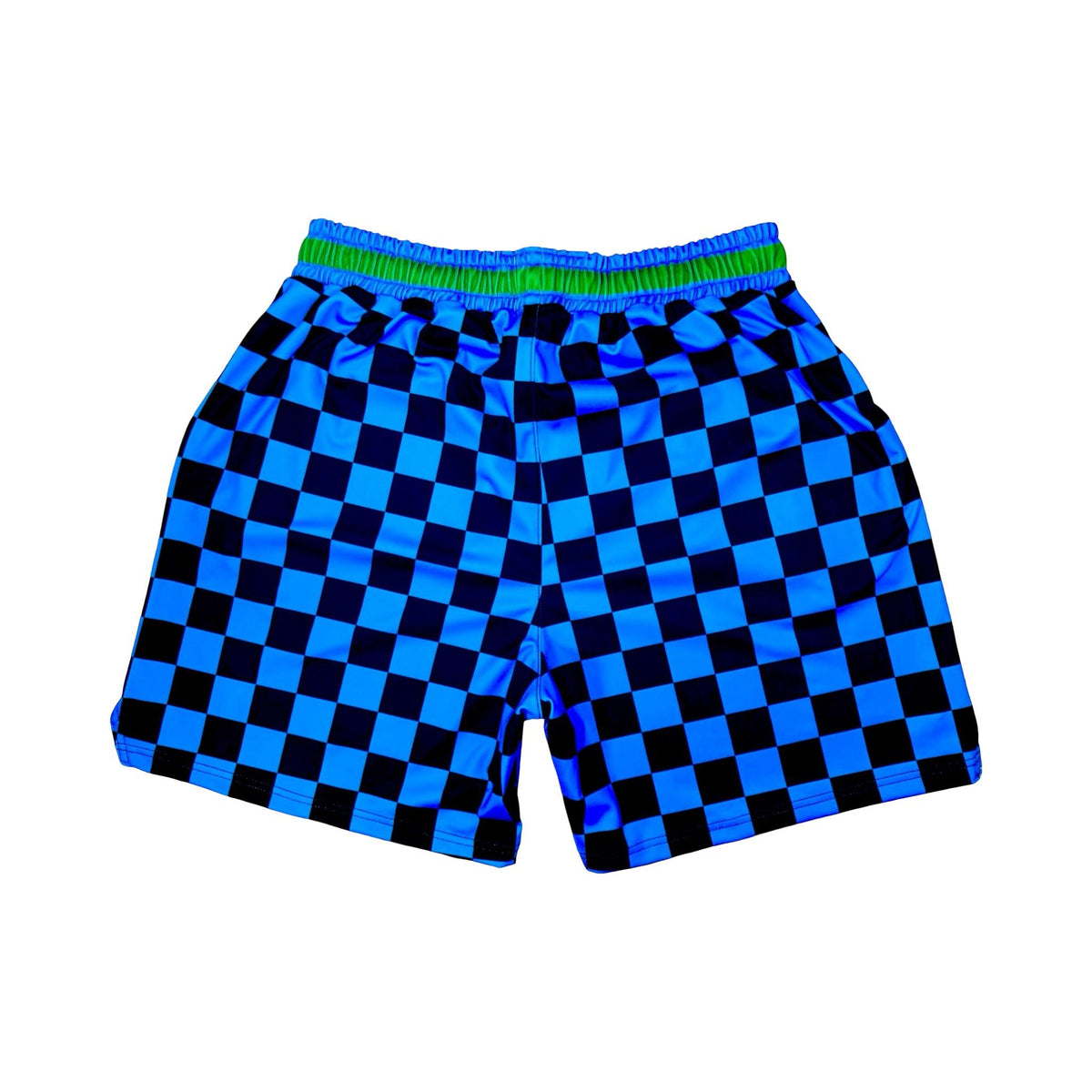 Blue and black dry fit shorts with checkerboard design