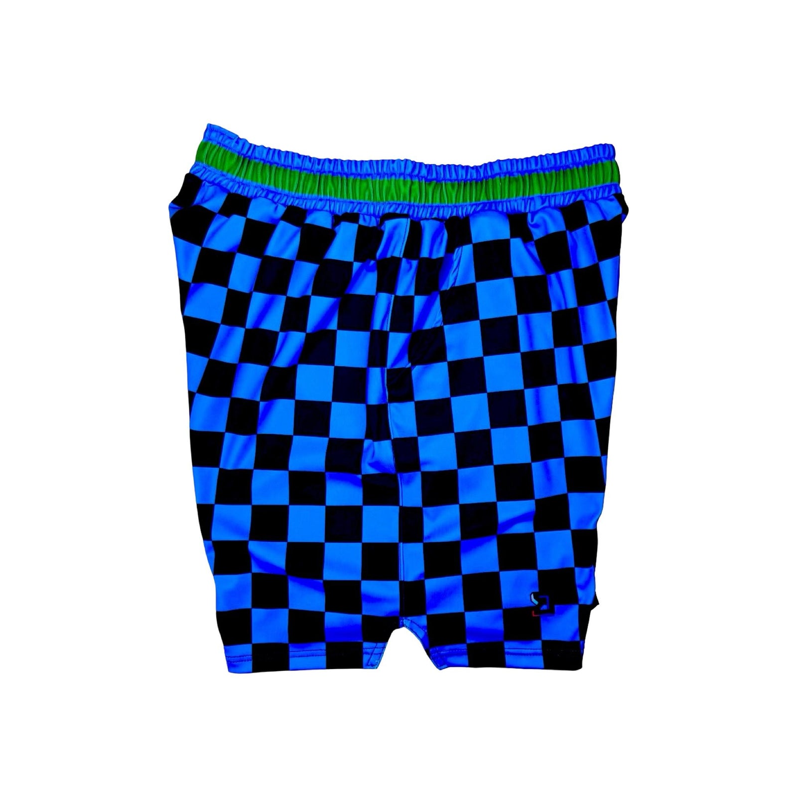 Blue and black dry fit shorts with checkerboard design