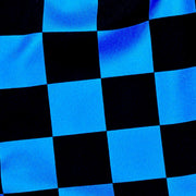 Blue and black dry fit shorts with checkerboard design fabric closeup