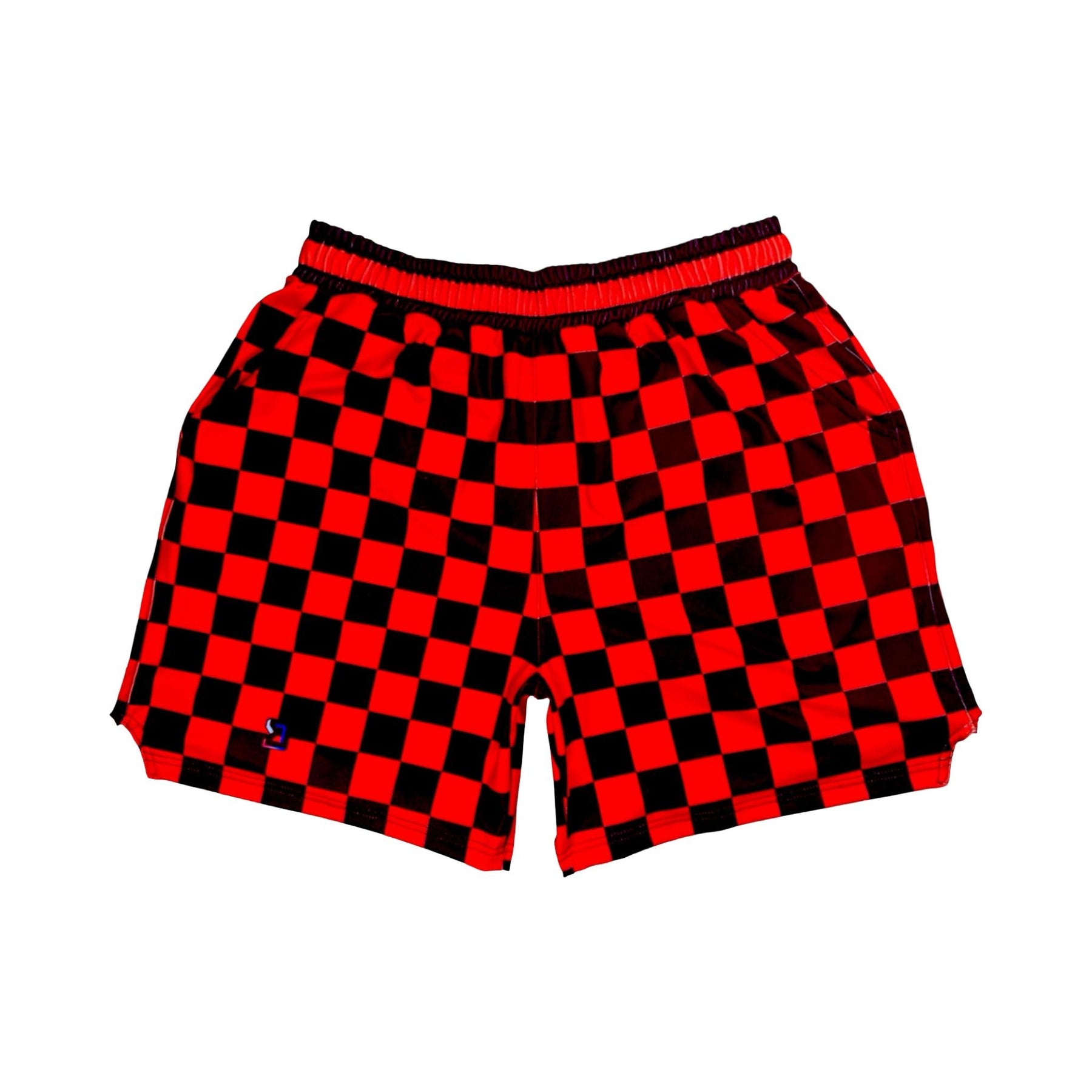 Red and black checkered shorts on a white background