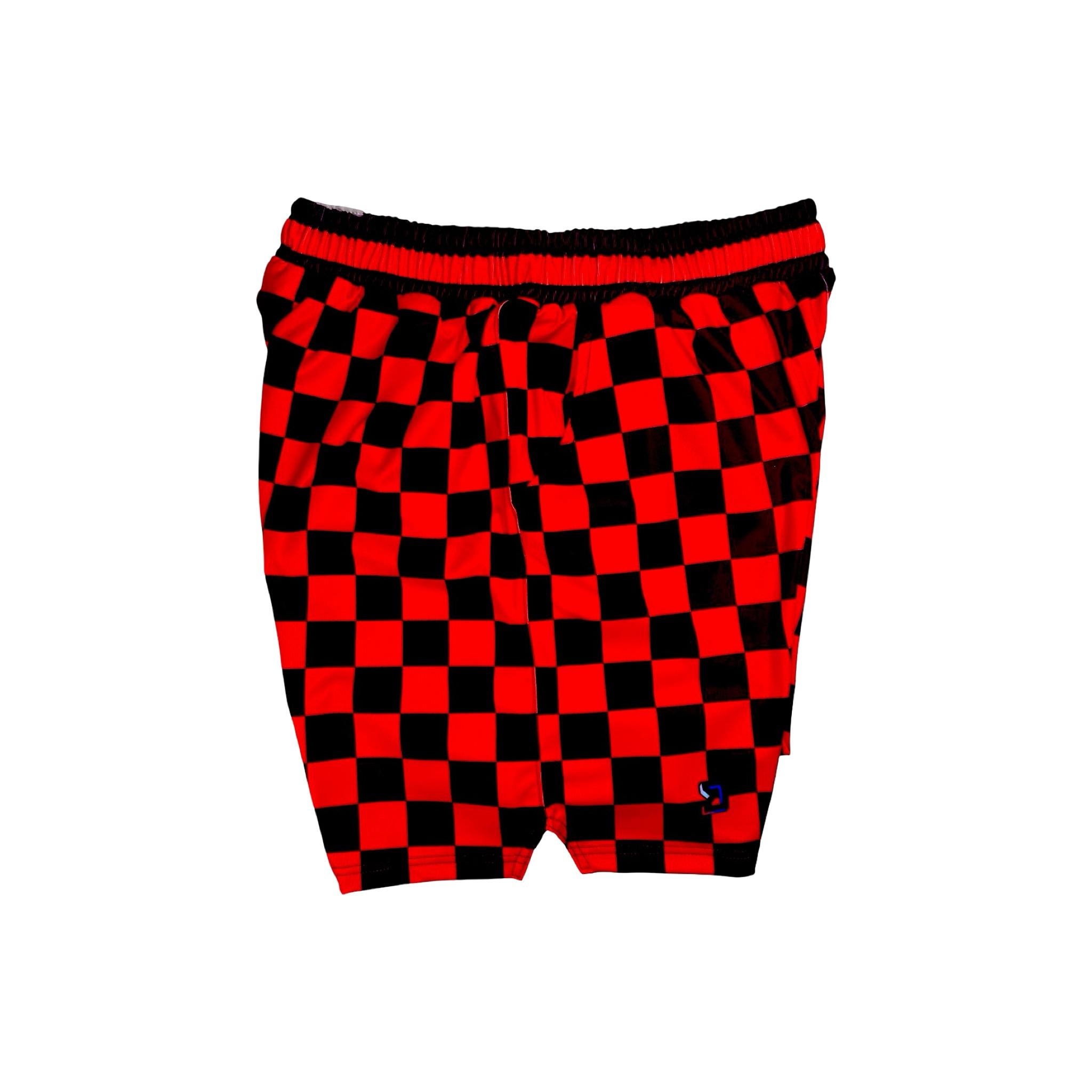 Red and black checkered shorts on a white background
