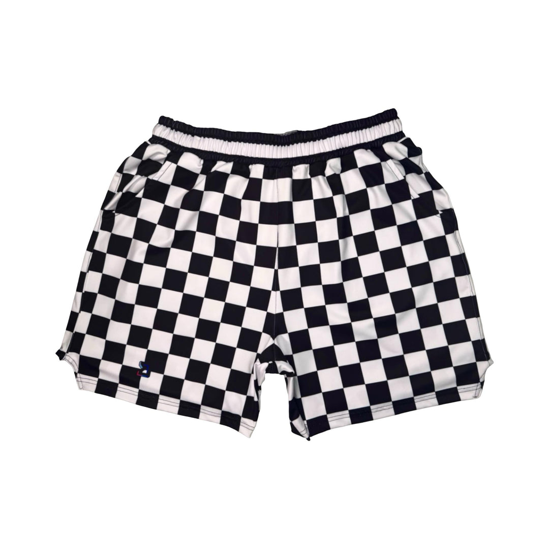Black and white checkered shorts on a white background
