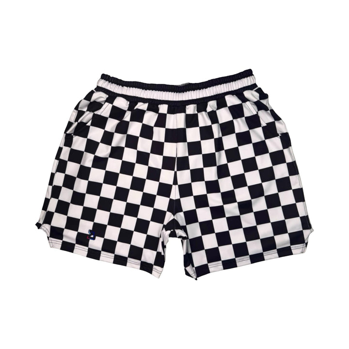 Black and white checkered shorts on a white background