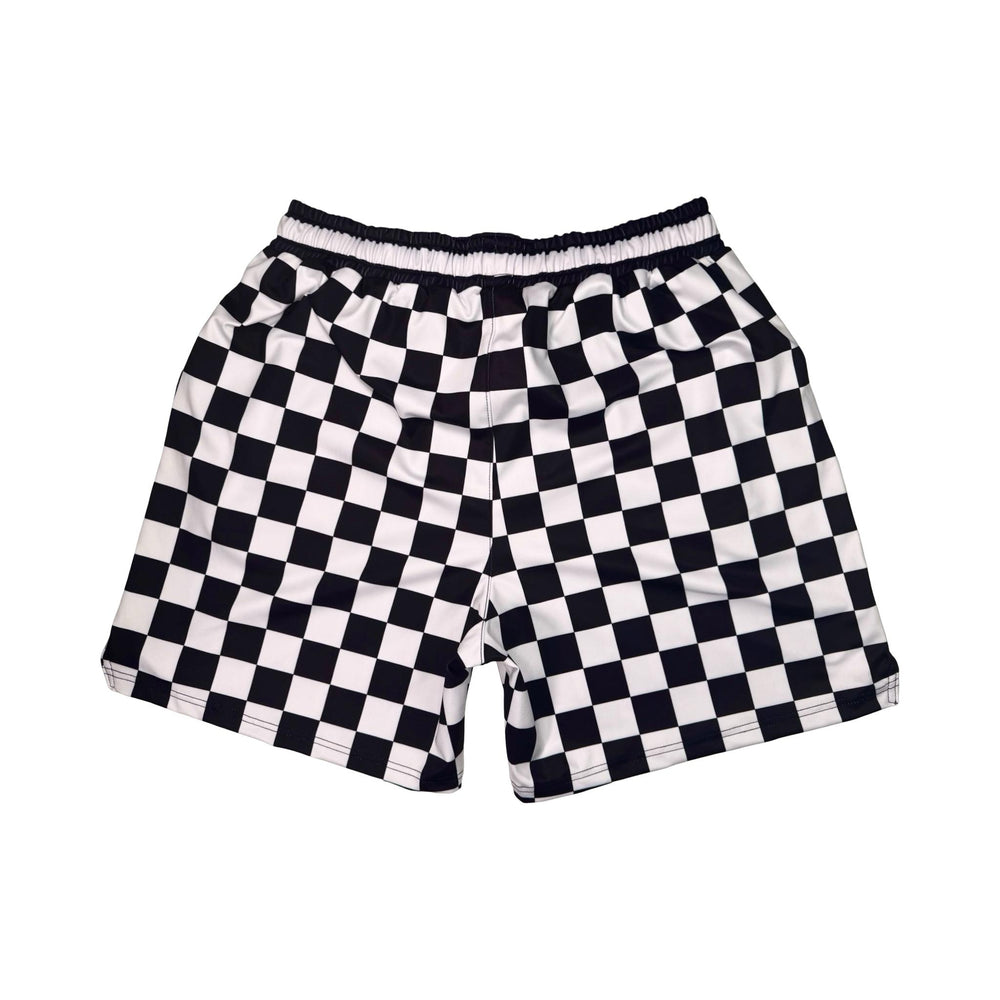 Black and white checkered shorts on a white background