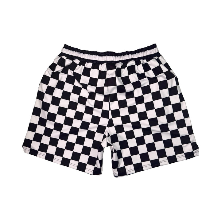 Black and white checkered shorts on a white background