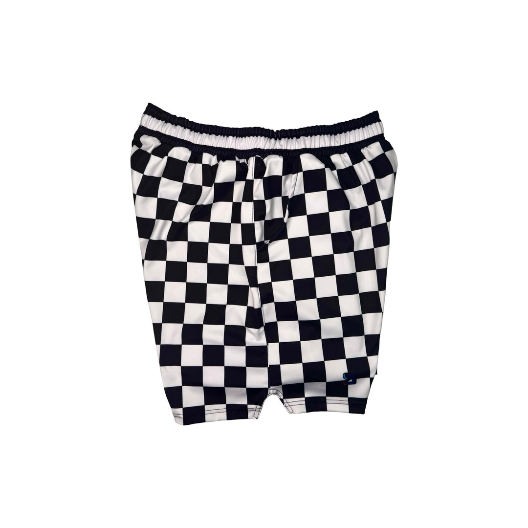 Black and white checkered shorts on a white background