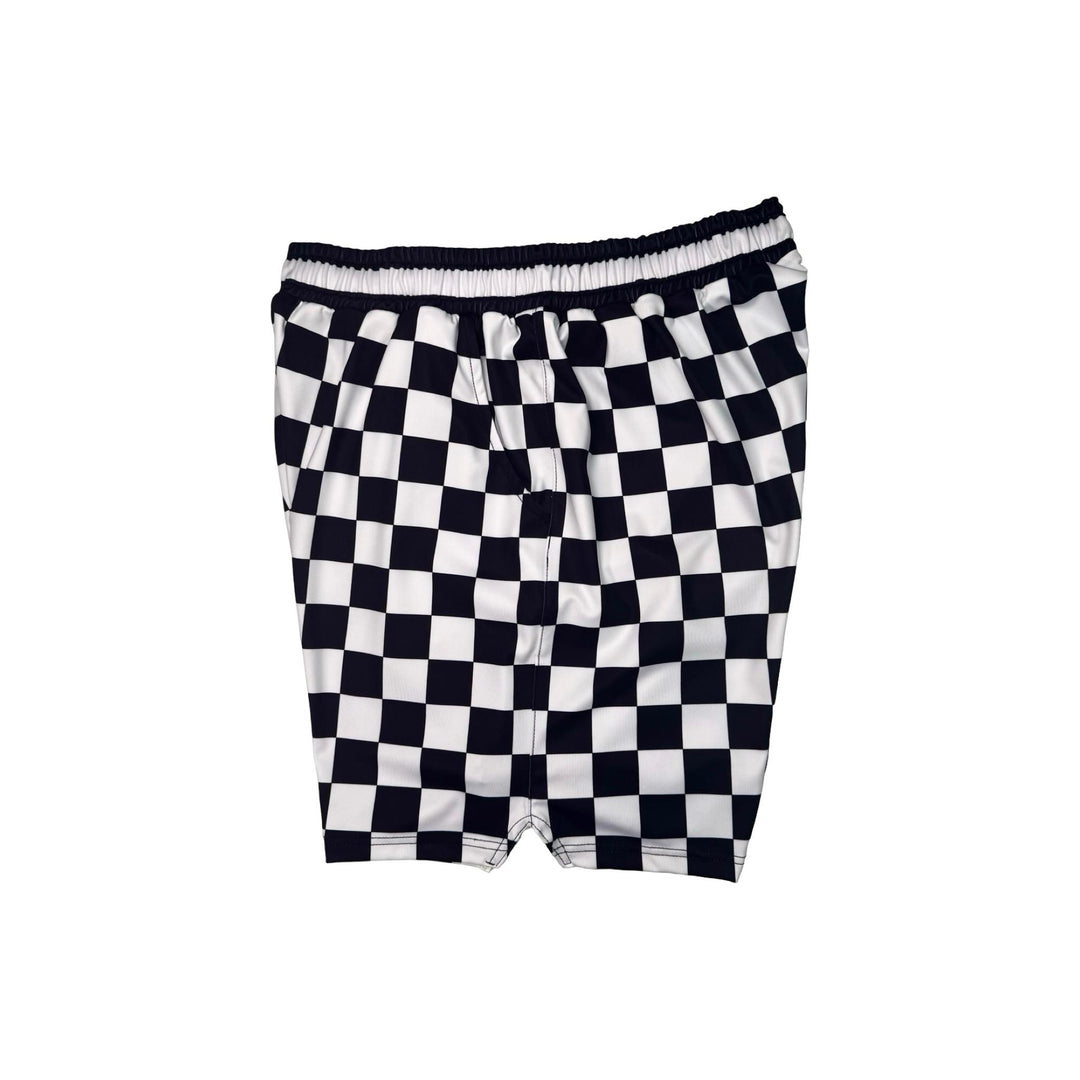 Black and white checkered shorts on a white background