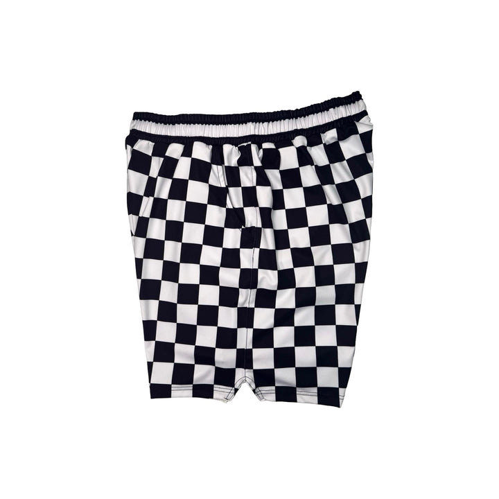 Black and white checkered shorts on a white background