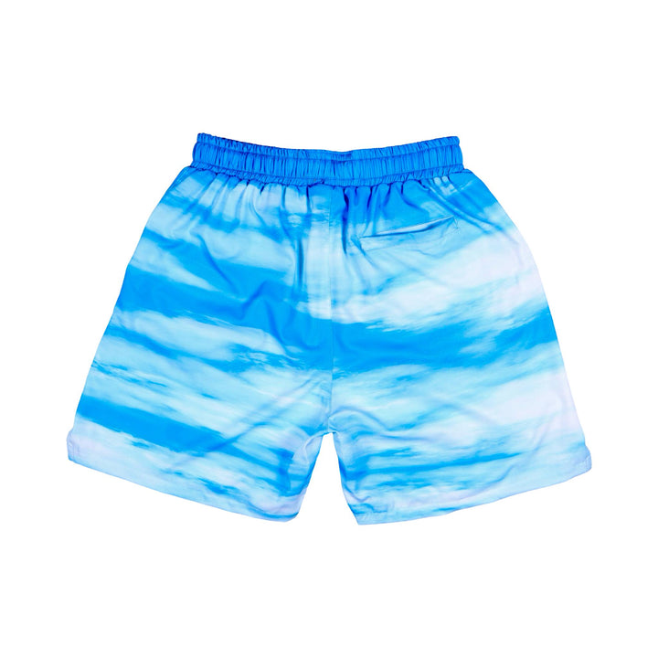 Lightweight fast drying shorts with back pocket and white and sky blue cloud pattern
