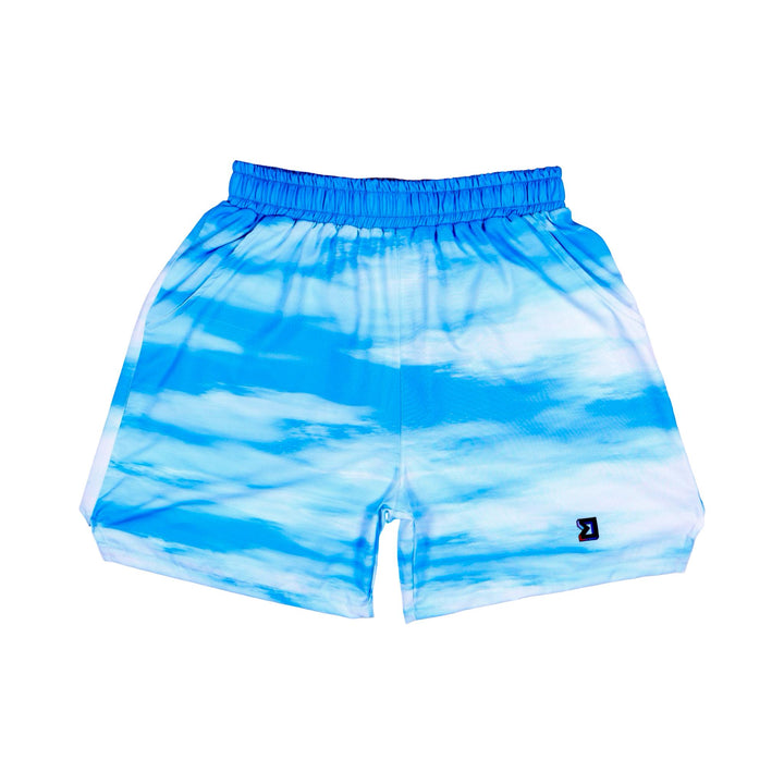 Lightweight fast drying shorts with back pocket and white and sky blue cloud pattern