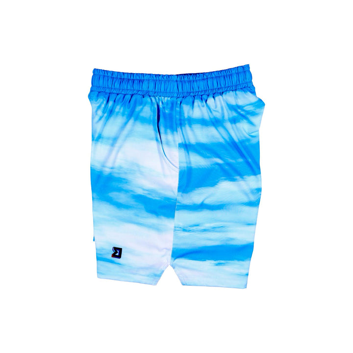 Lightweight fast drying shorts with back pocket and white and sky blue cloud pattern