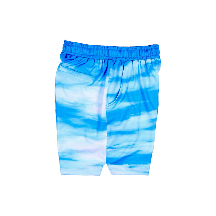 Lightweight fast drying shorts with back pocket and white and sky blue cloud pattern
