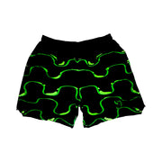 Black shorts with neon green wavy drip pattern on a white background