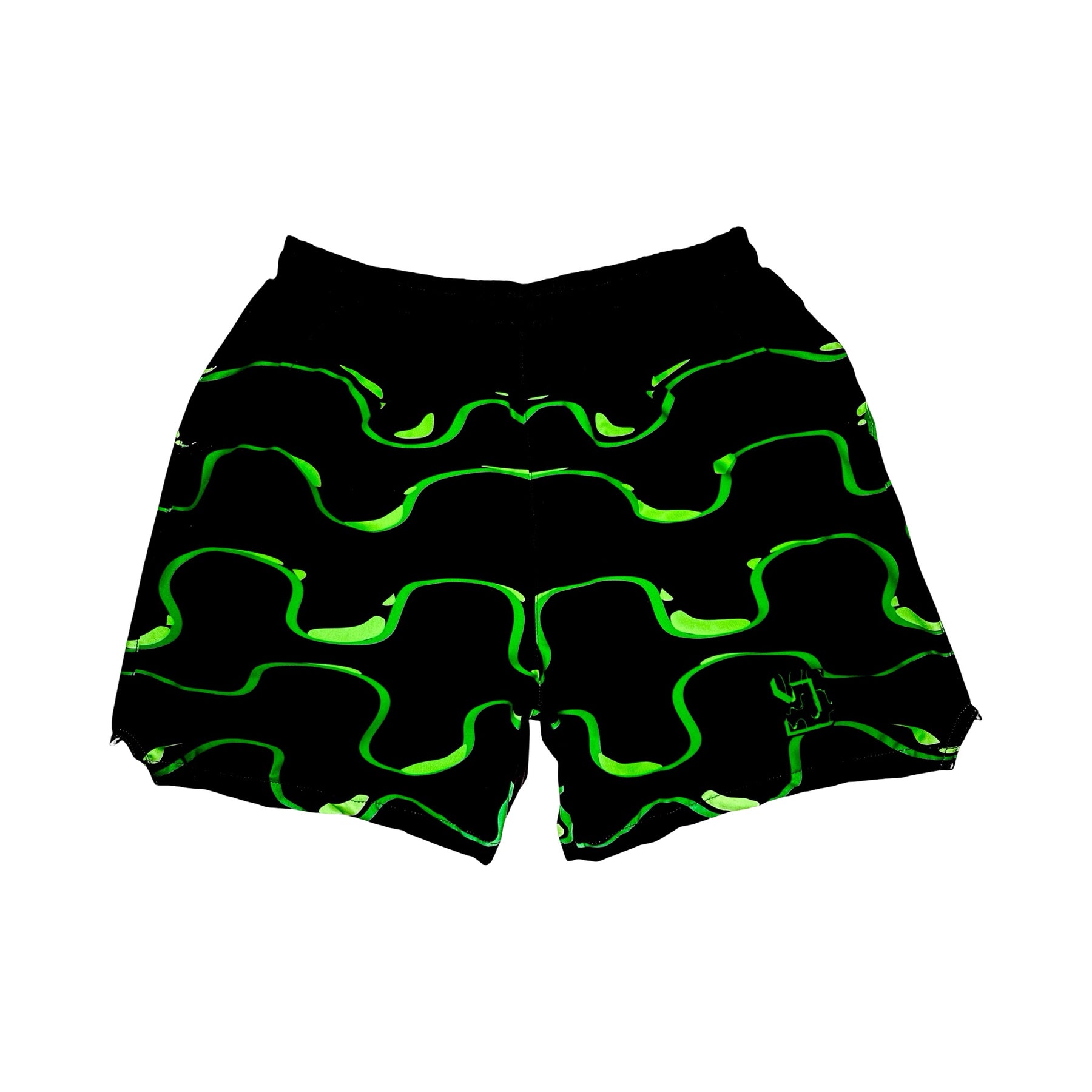 Black shorts with neon green wavy drip pattern on a white background