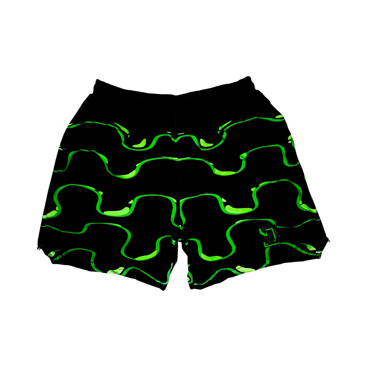 Black shorts with neon green wavy drip pattern on a white background