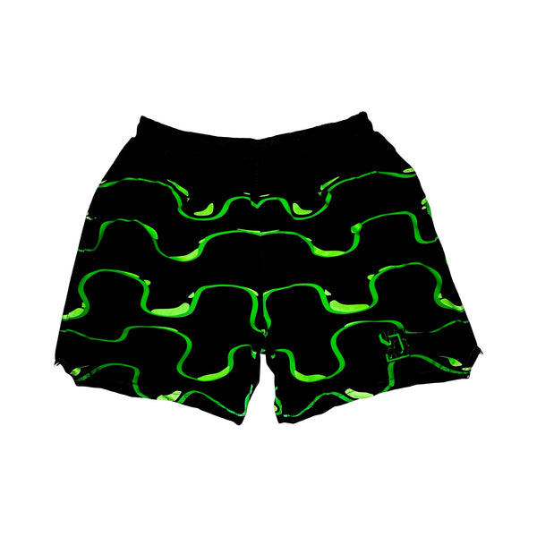 Black shorts with neon green wavy drip pattern on a white background