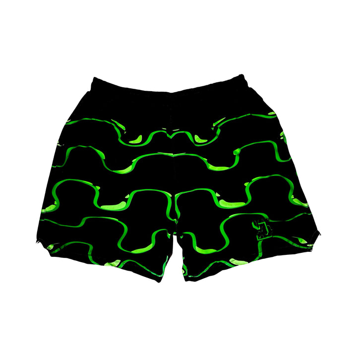 Black shorts with neon green wavy drip pattern on a white background