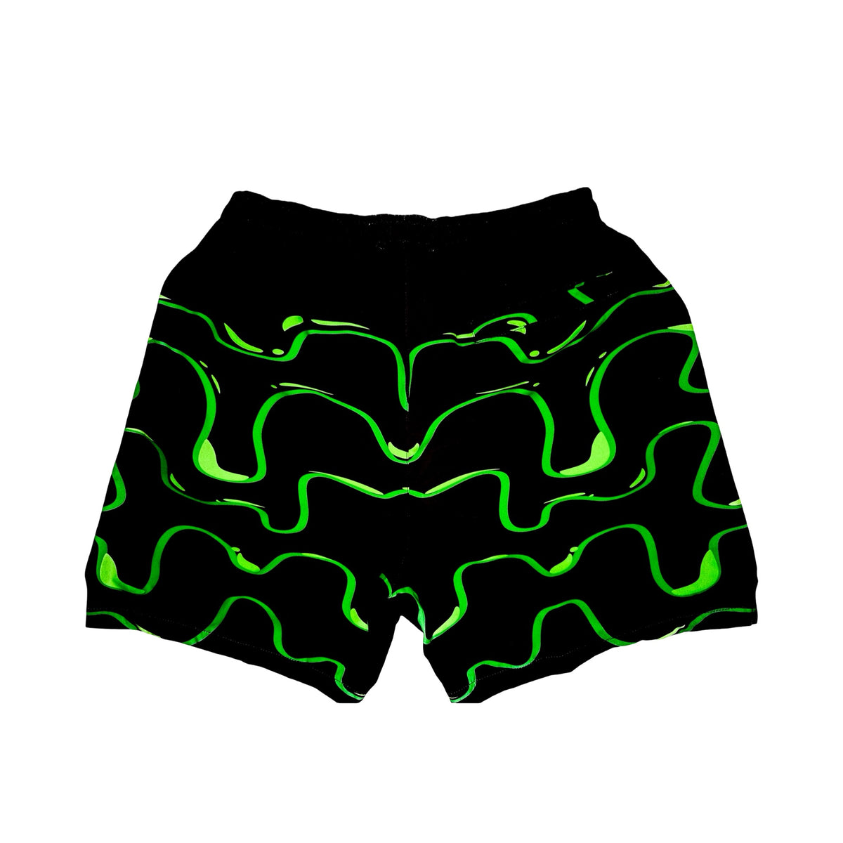Black shorts with neon green wavy drip pattern on a white background