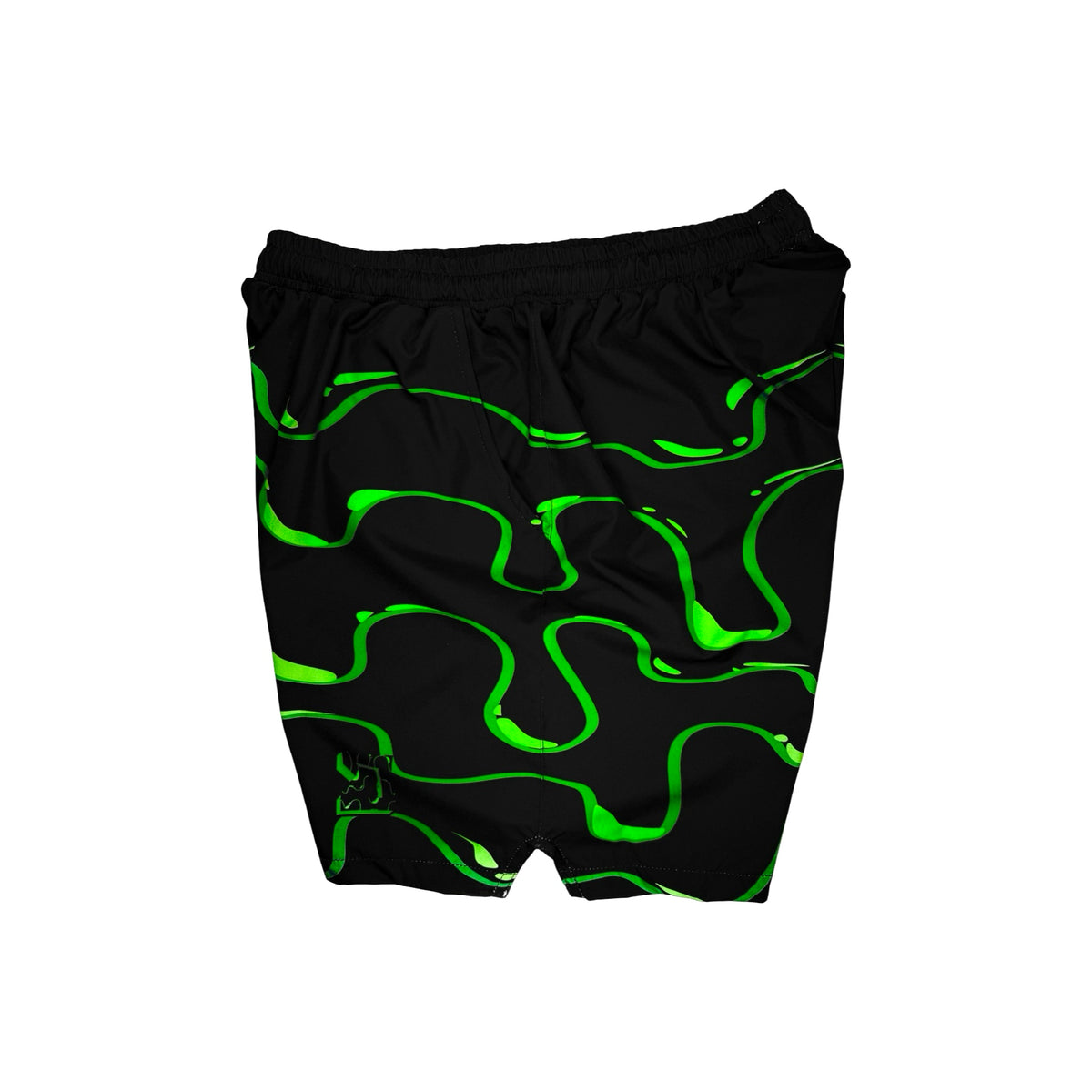 Black shorts with neon green wavy drip pattern on a white background