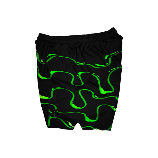 Black shorts with neon green wavy drip pattern on a white background