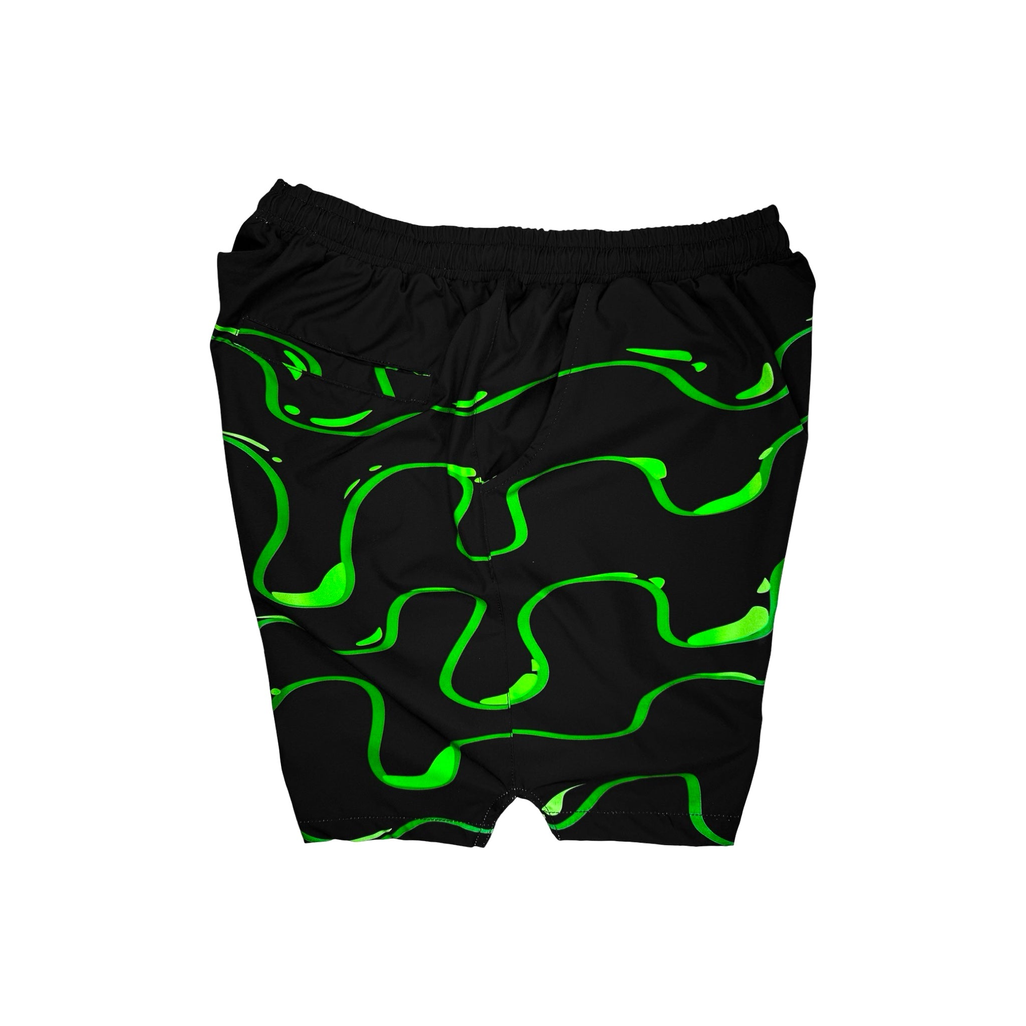 Black shorts with neon green wavy drip pattern on a white background
