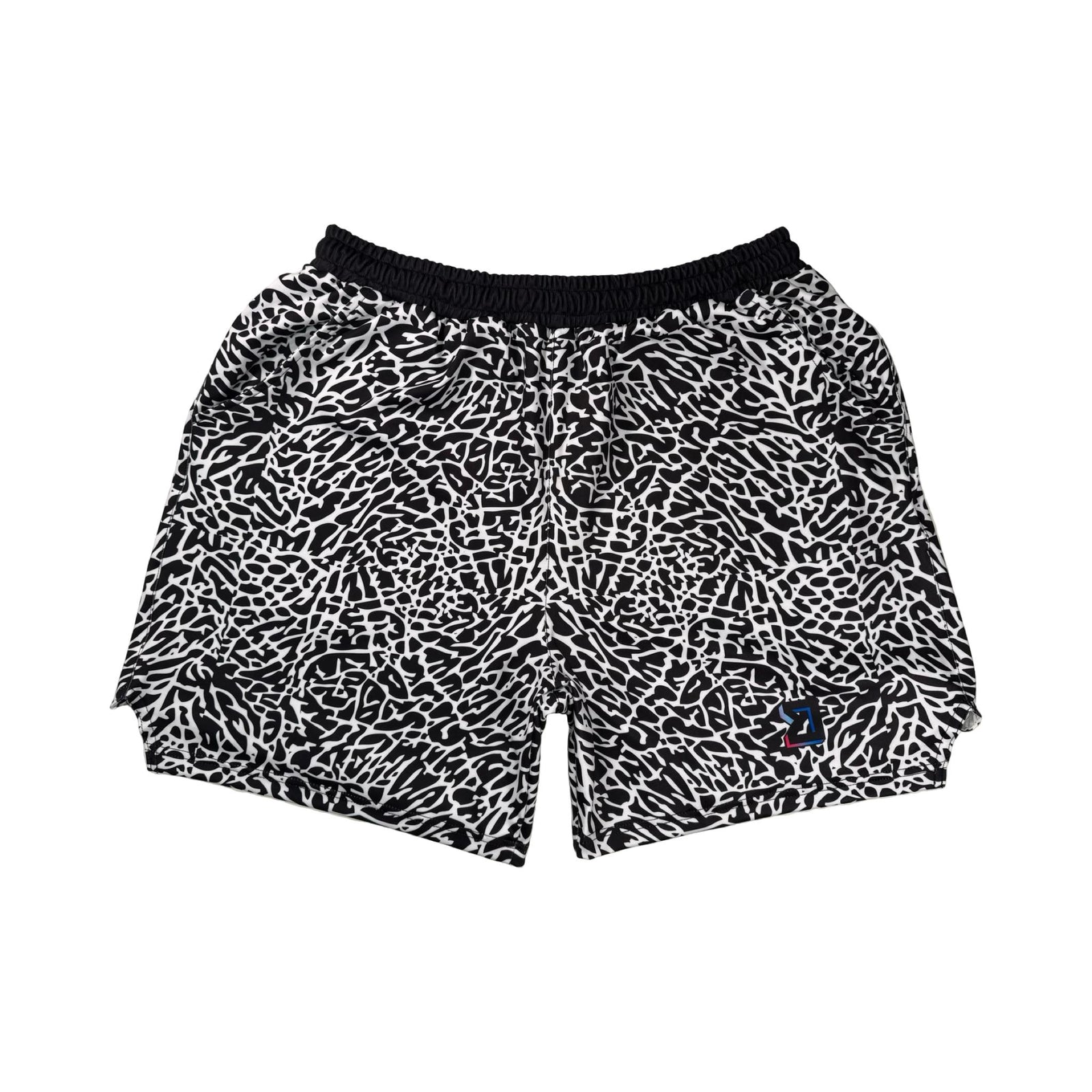 Black and white elephant print pattern soft dry fit shorts on a white background