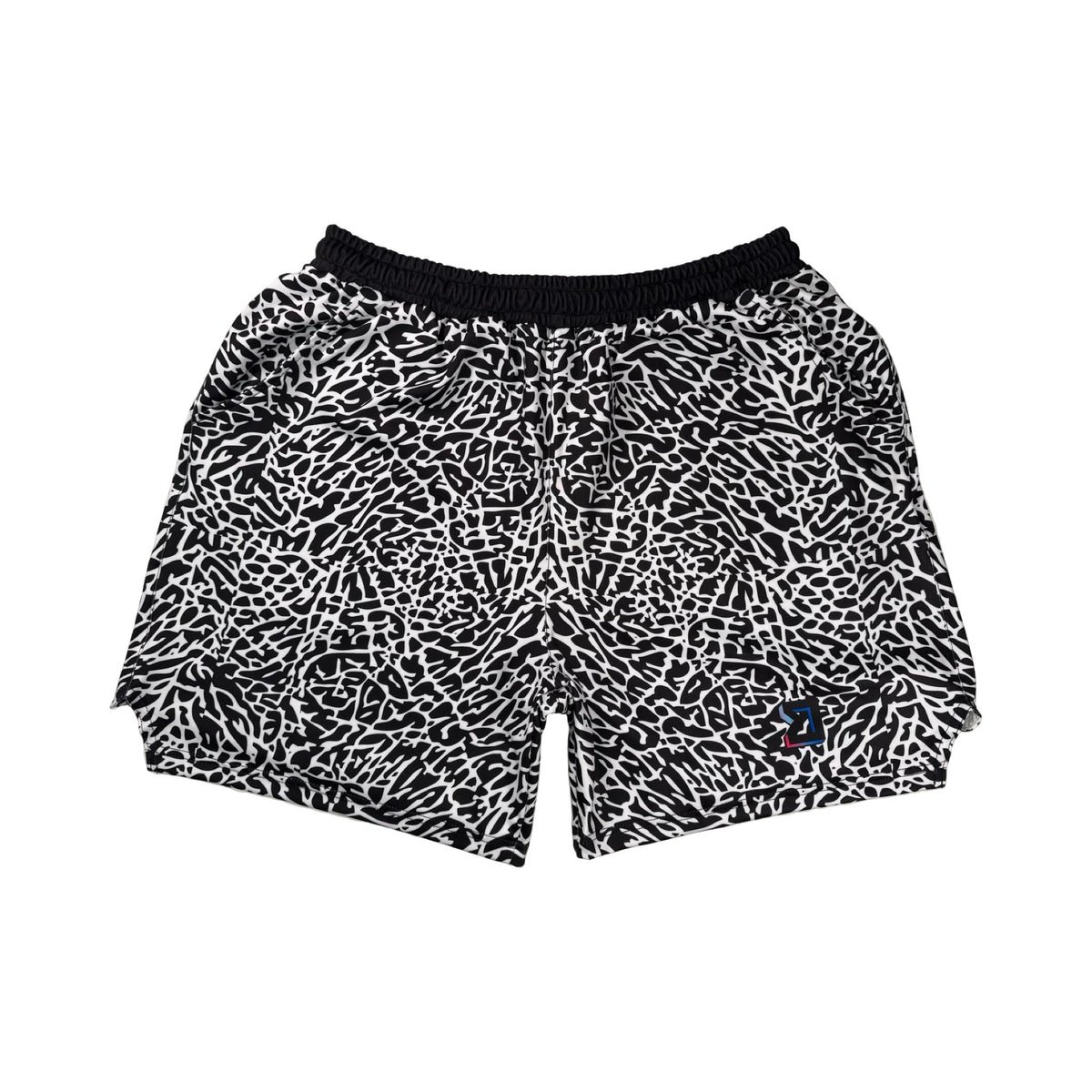 Black and white elephant print pattern soft dry fit shorts on a white background