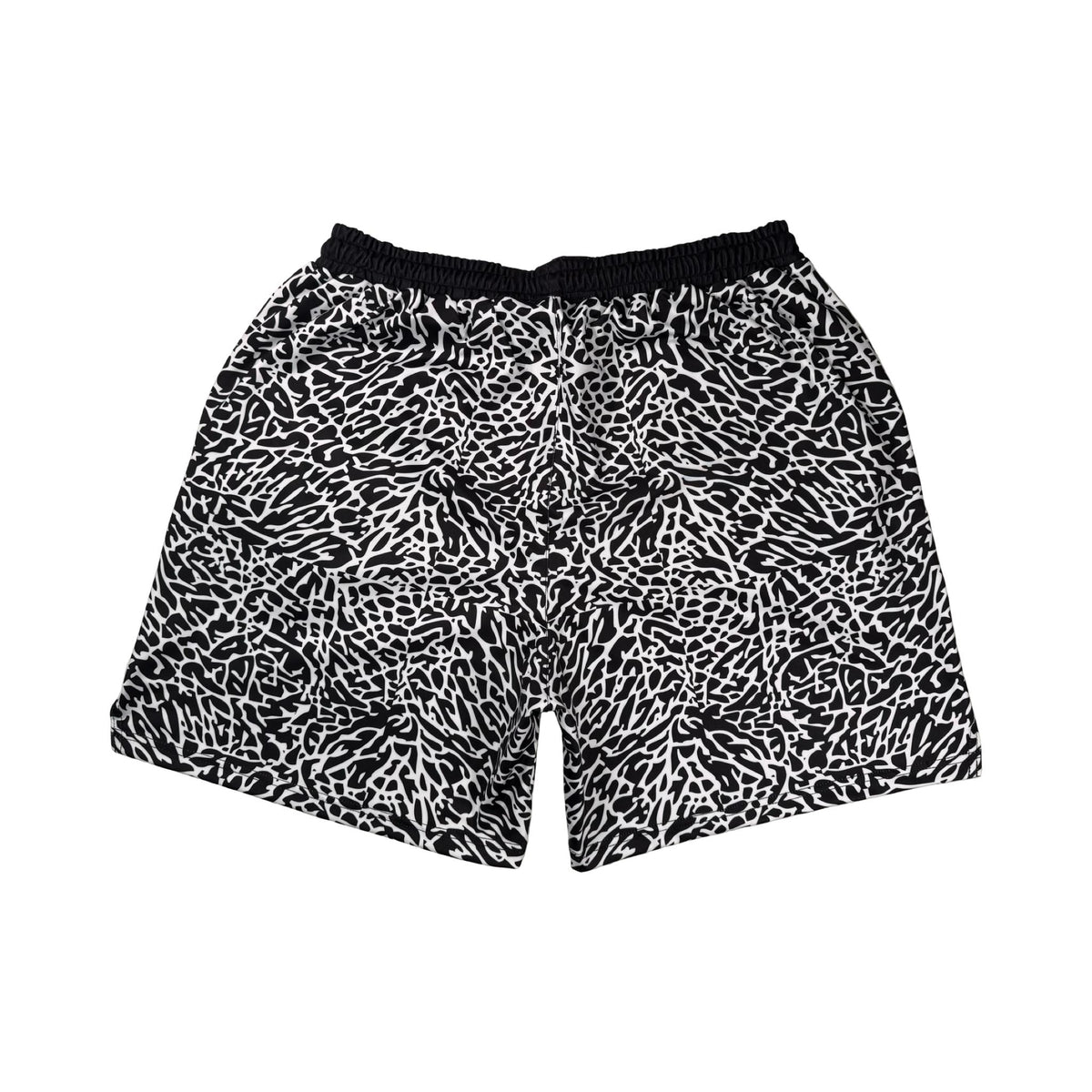 Back view of Black and white elephant print pattern soft dry fit shorts on a white background