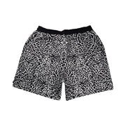 Back view of Black and white elephant print pattern soft dry fit shorts on a white background