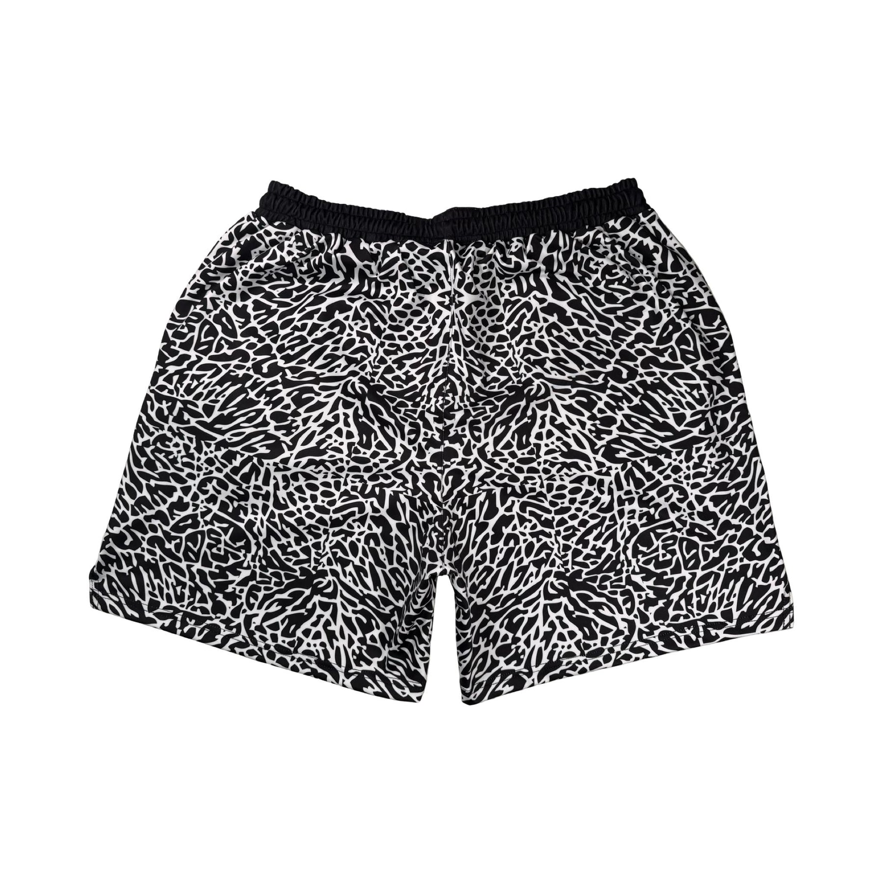 Back view of Black and white elephant print pattern soft dry fit shorts on a white background