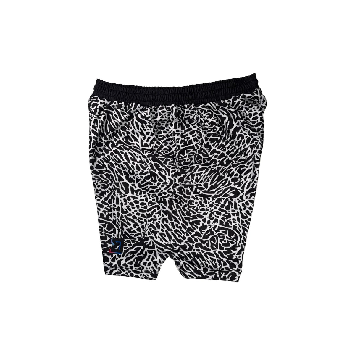 Side view of Black and white elephant print pattern soft dry fit shorts on a white background