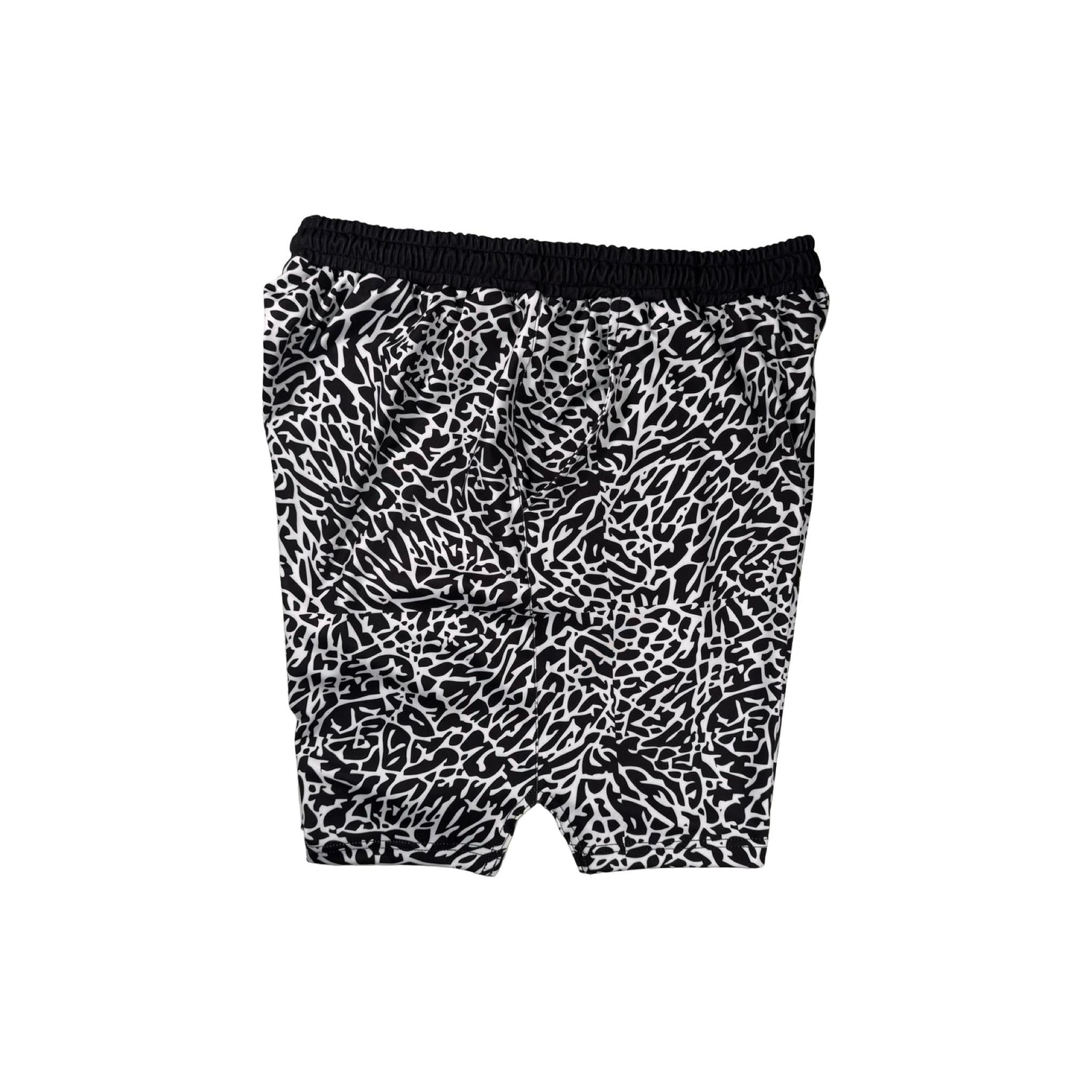 Other side view of Black and white elephant print pattern soft dry fit shorts on a white background