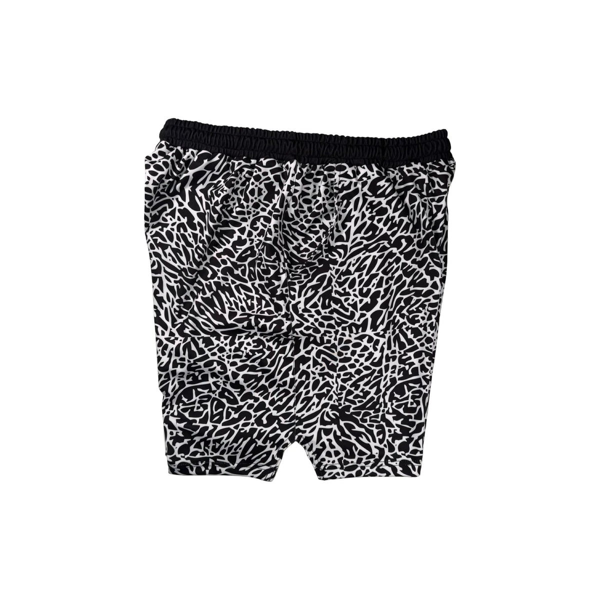 Other side view of Black and white elephant print pattern soft dry fit shorts on a white background