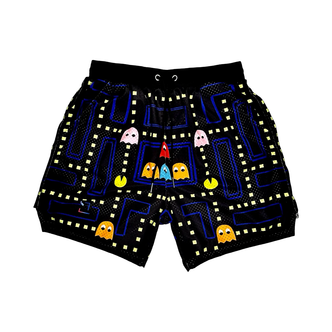 KAPMAN Maze Runner Elite PRO™ basketball shorts featuring a colorful retro arcade maze graphic, premium MeshX™ construction, oversized PRO waistband, and performance athletic fit for basketball and streetwear.