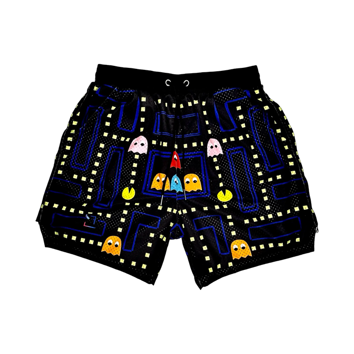 KAPMAN Maze Runner Elite PRO™ basketball shorts featuring a colorful retro arcade maze graphic, premium MeshX™ construction, oversized PRO waistband, and performance athletic fit for basketball and streetwear.